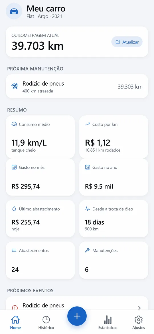 Tela inicial do ZeloCar com quilometragem, próxima manutenção e resumo de gastos